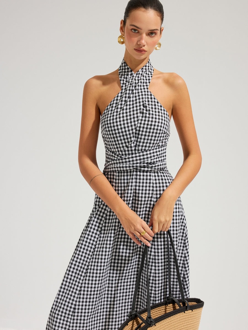 Commense Gingham Halter Cotton Maxi Dress - Picture 2 of 5